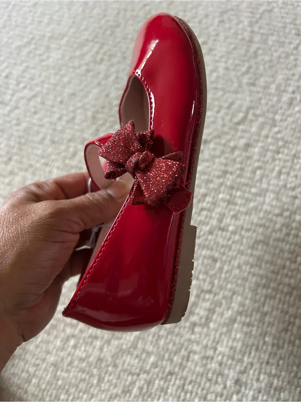 Nordstrom Kids Red Patent Mary Jane Shoes with Glitter Bow Accent